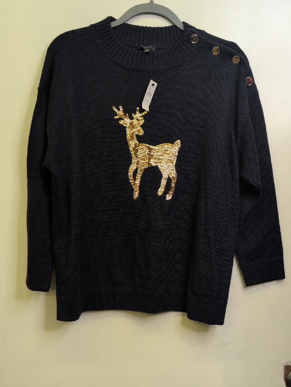Talbots Navy Crewneck Sweater with Gold Sequin Reindeer Navy 1X Petite